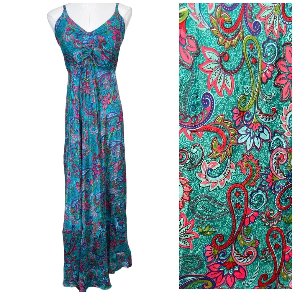 Vintage CYN Paisley Maxi Dress Womens OS Blue Pink Boho Tassel Smocked India